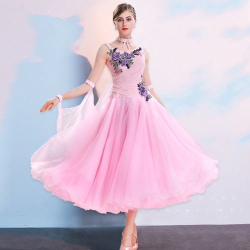 Pink royal blue yellow colored girls women ballroom dancing dresses embroidered pattern waltz tango dance dresses